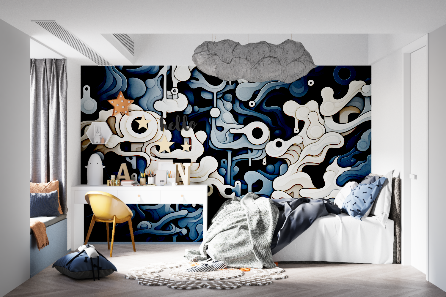 Modern hallway with geometric abstract mural creating visual interest