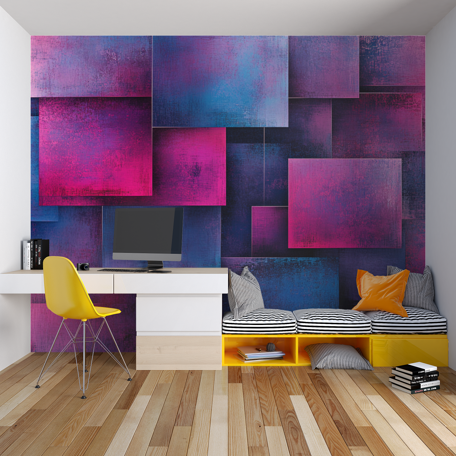 Abstract geometric wall mural in minimalist home office showing dimensional effect