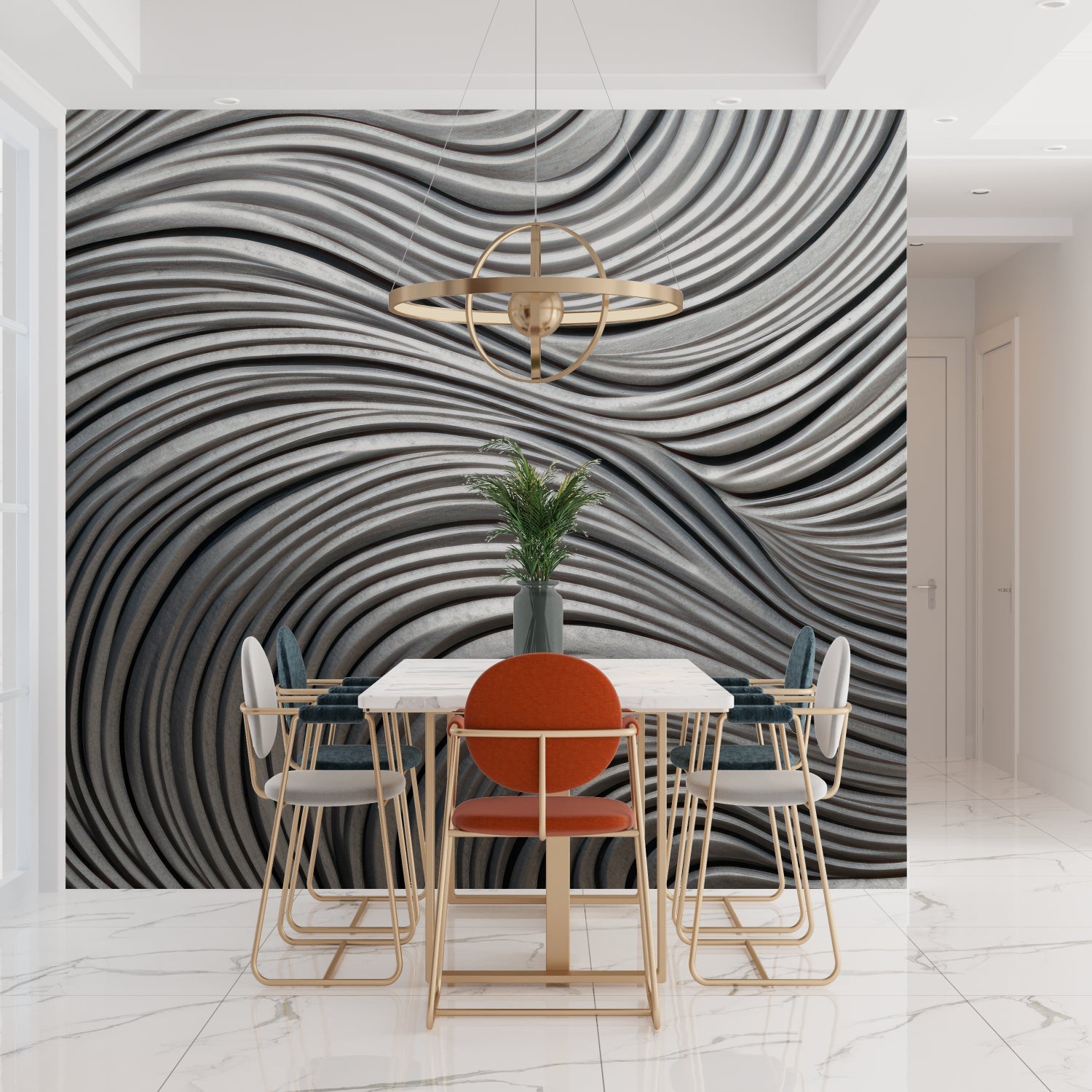Modern living room with 3D silver wave wallpaper creating depth and movement on feature wall