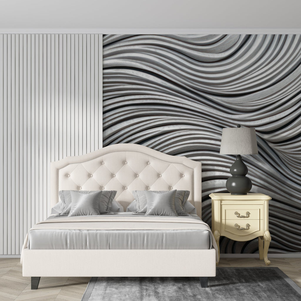 Home office with silver 3D wave wallpaper making space feel larger