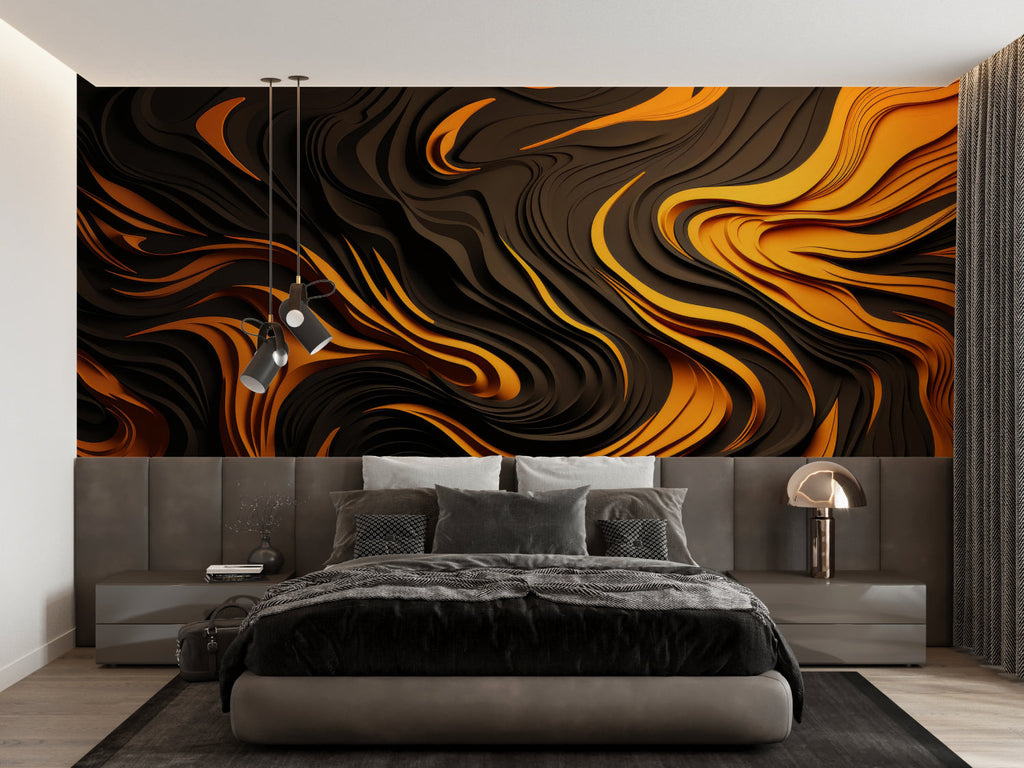 Abstract 3D wall mural featuring flowing curves in a contemporary office space