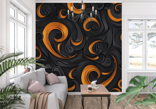 Contemporary dining room with dramatic Abstract Wall Mural showing orange and black geometric patterns