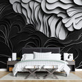 3D wave pattern wallpaper creating dramatic effect in modern minimalist living room with sleek furniture
