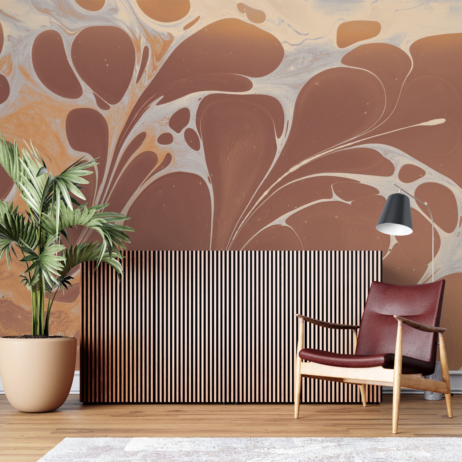 Art deco terracotta wall mural in bright dining room space