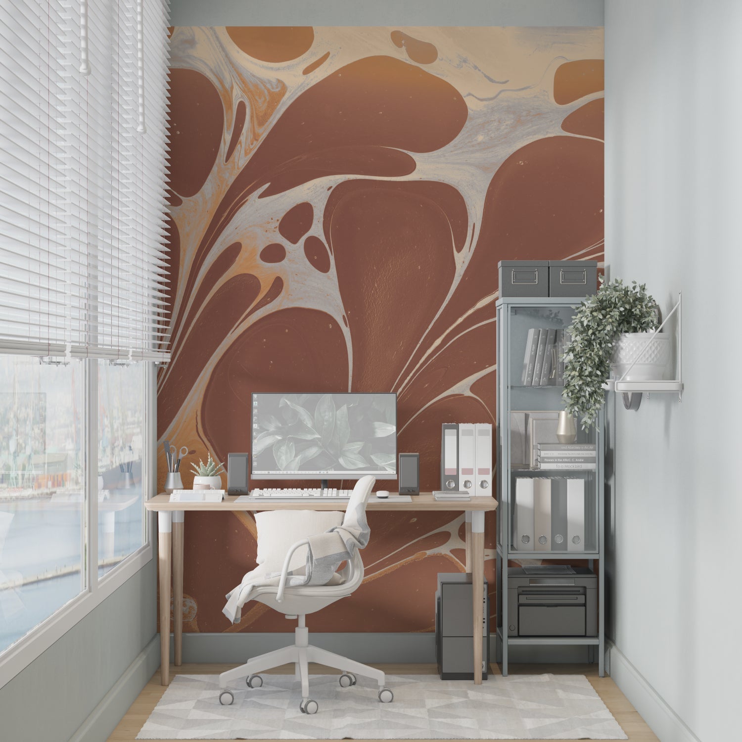 Terracotta abstract mural in contemporary bedroom interior