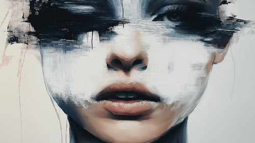 Black and white abstract portrait design file showing intricate brushwork details and artistic composition