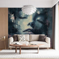 Abstract portrait wallpaper creating a stunning focal point in a modern living room with teal and cream accents