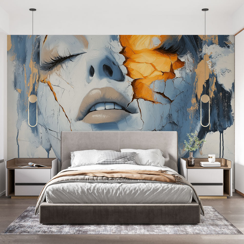Abstract portrait wallpaper with blue and gold tones creating drama in a modern living room setting