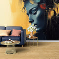 Abstract portrait wallpaper with blue and gold tones creating drama in a modern living room setting