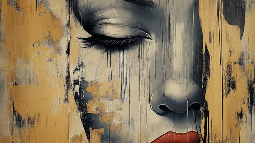 Abstract portrait design file showing detailed gold drips and artistic brushstrokes on neutral background