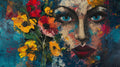 Abstract Portrait Wallpaper with sunflowers displayed in a modern living room, creating an artistic focal point