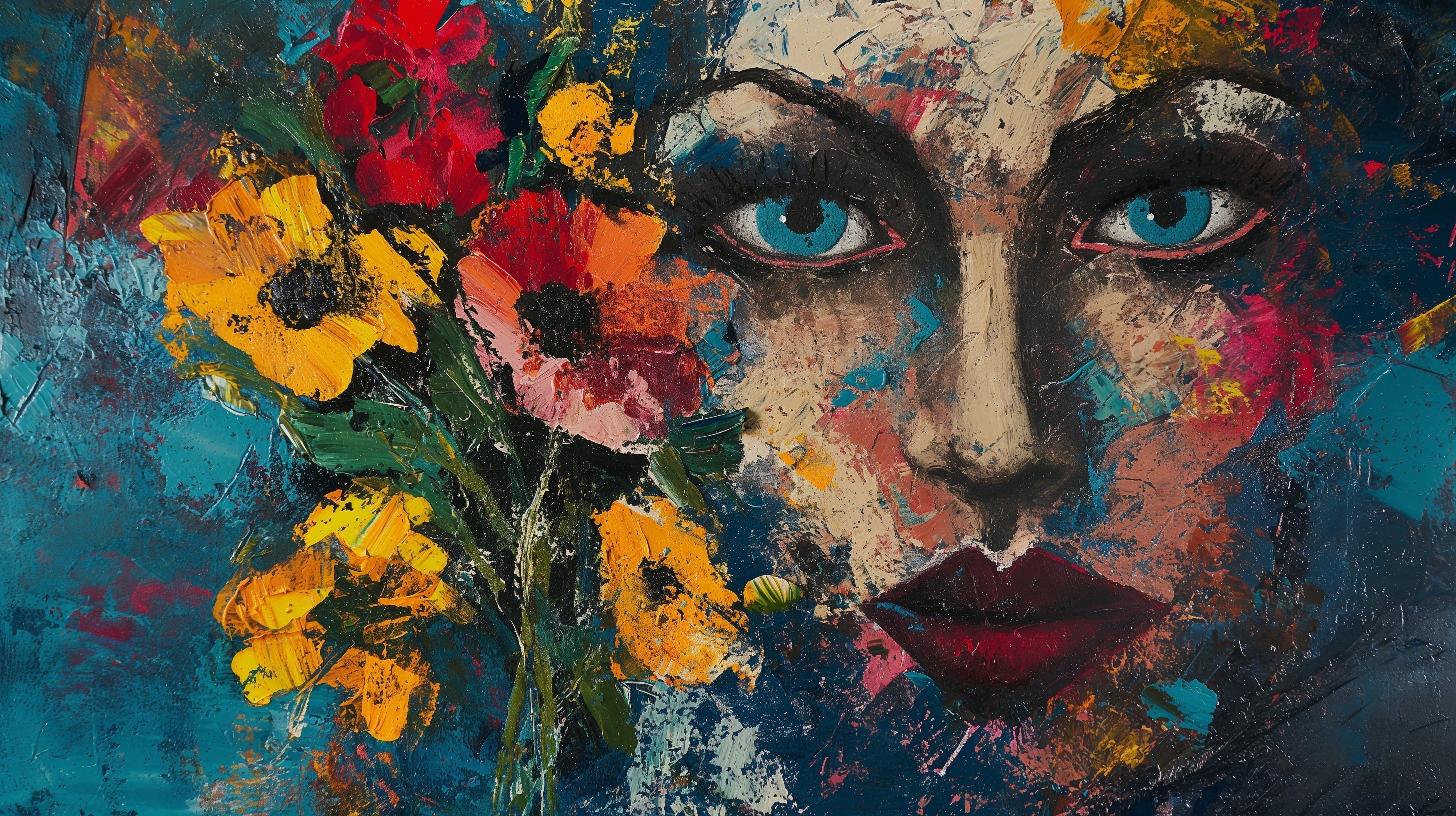 Abstract Portrait Wallpaper with sunflowers displayed in a modern living room, creating an artistic focal point