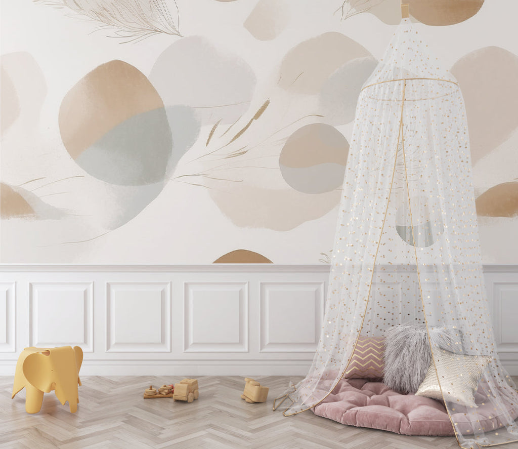 Modern living room featuring abstract beige feather wallpaper with circular patterns creating a calm atmosphere