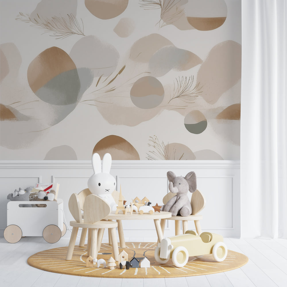 Home office space with neutral geometric wallpaper featuring golden feather accents