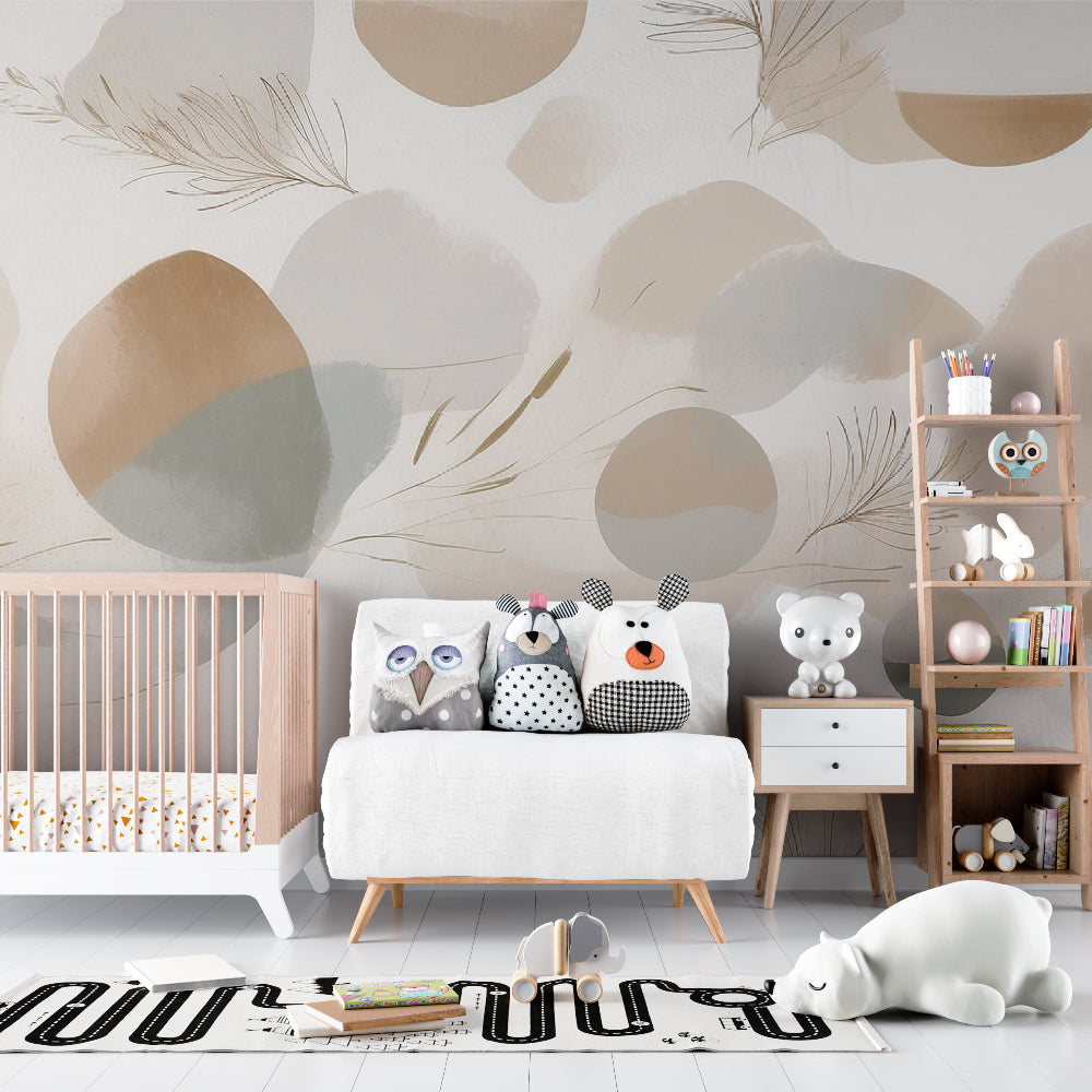 Dining room showcasing contemporary beige wallpaper with abstract circle and feather design