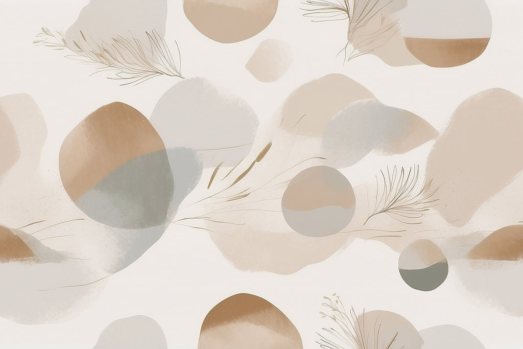 Design file of beige abstract wallpaper pattern with feathers and circles on ivory background