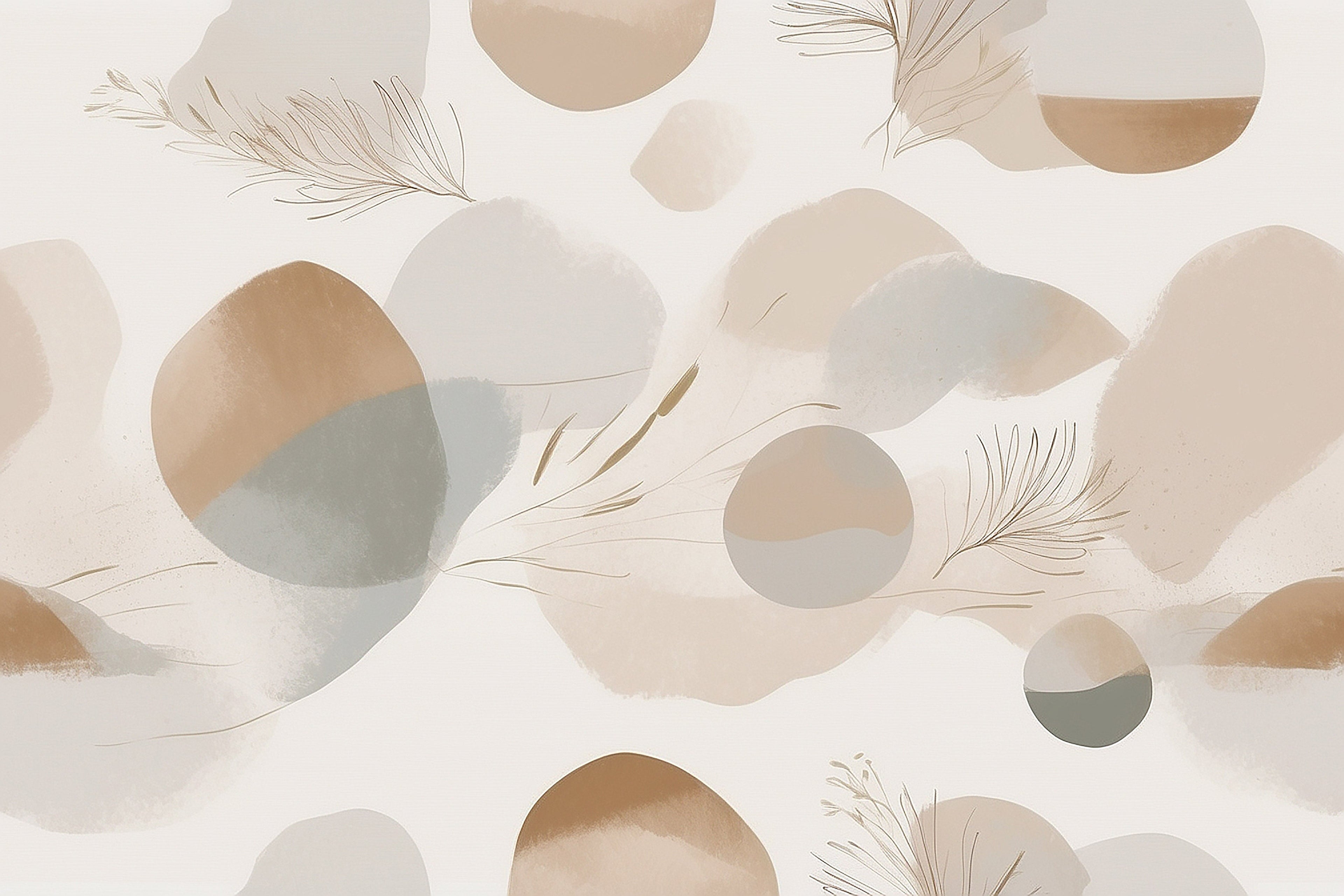 Design file of beige abstract wallpaper pattern with feathers and circles on ivory background