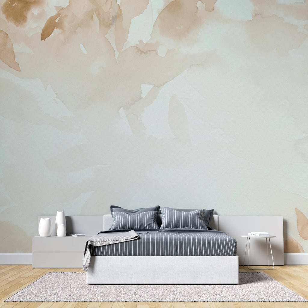 Modern dining room featuring abstract beige leaf mural wallpaper