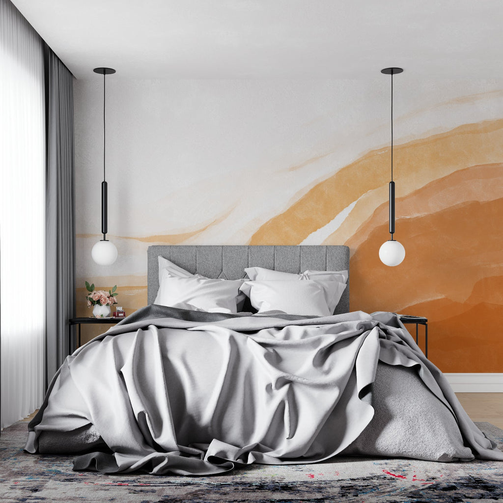 Watercolor wave mural in master bedroom showing flowing beige patterns