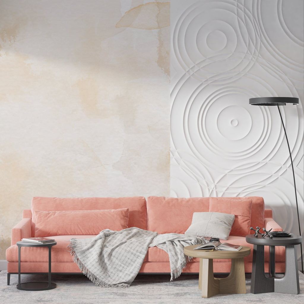 Abstract beige watercolor wallpaper with 3D circles creating depth in a modern living room setting