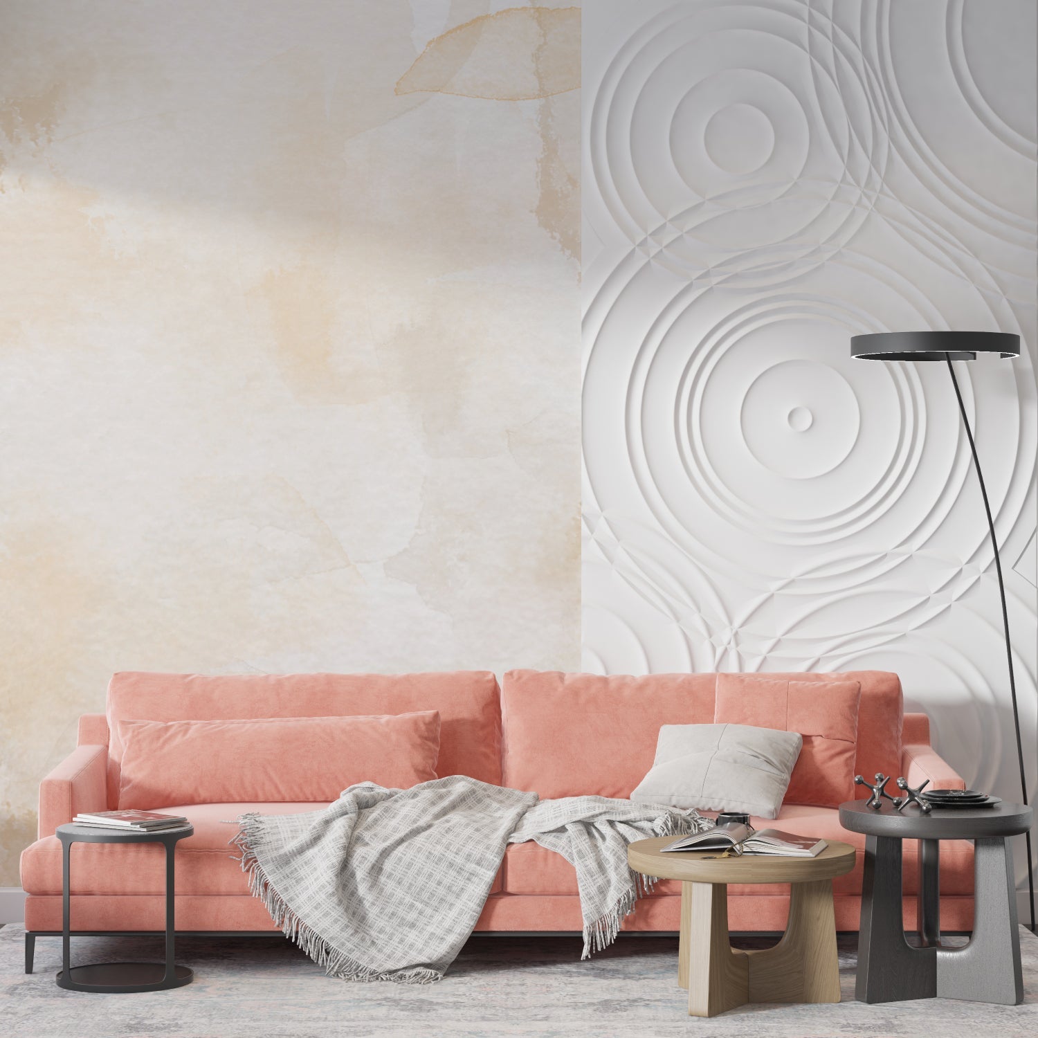 Abstract beige watercolor wallpaper with 3D circles creating depth in a modern living room setting