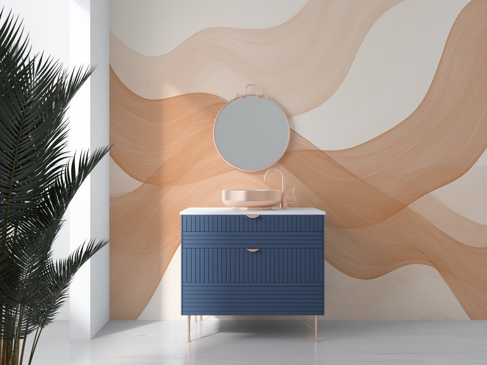 Abstract wave wallpaper creating a serene atmosphere in a modern living room with beige and cream tones