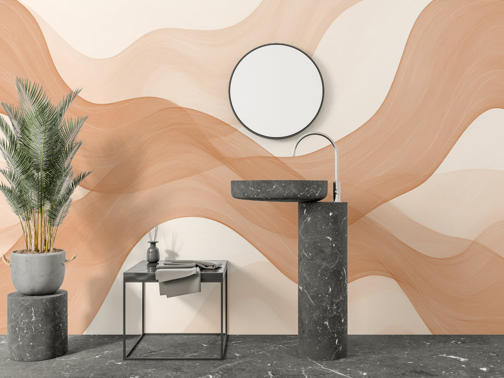 Beige wave mural wallpaper in a minimalist bedroom showing flowing curves and natural light