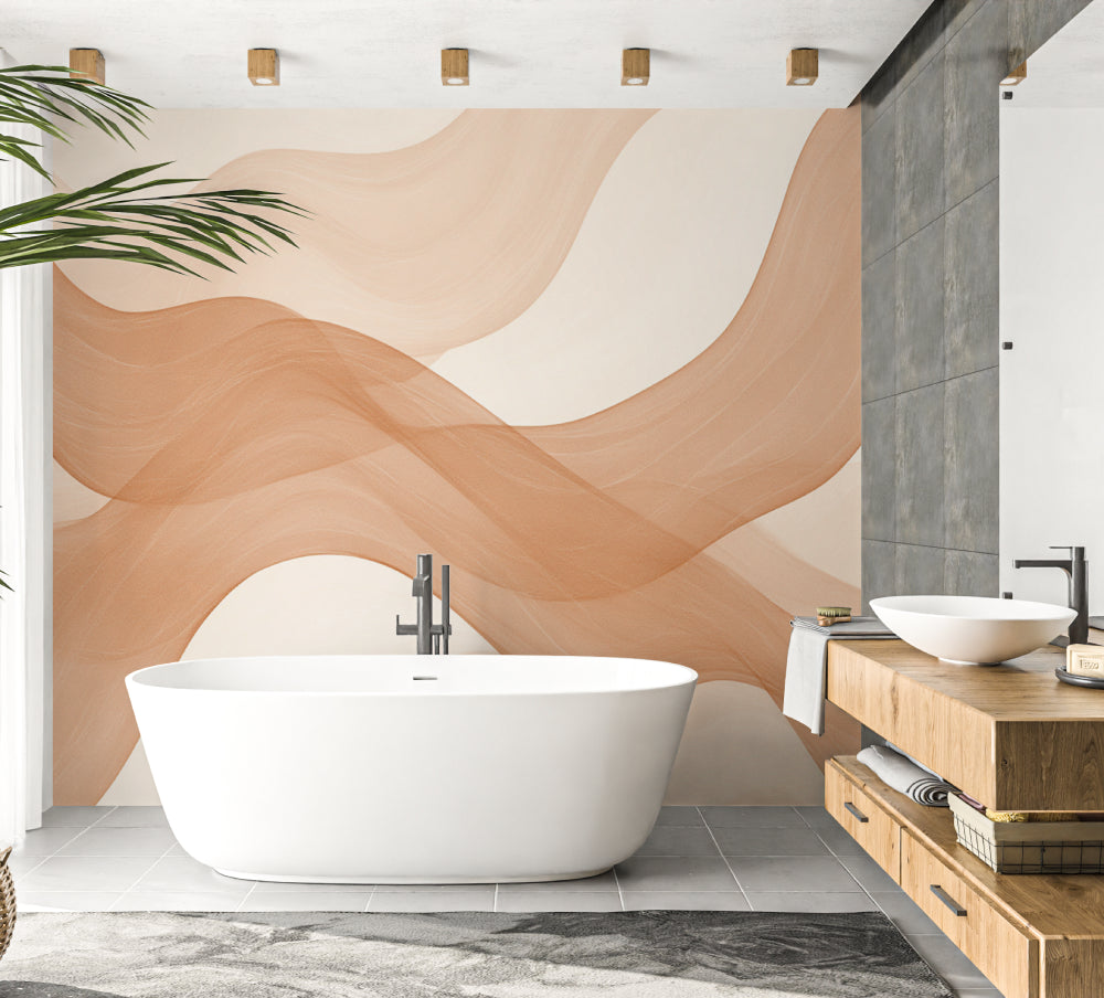 Abstract wave pattern wallpaper bringing movement to a home office space