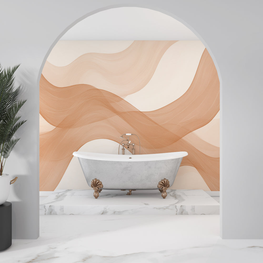 Modern wave wallpaper installation in a dining room highlighting soft beige tones