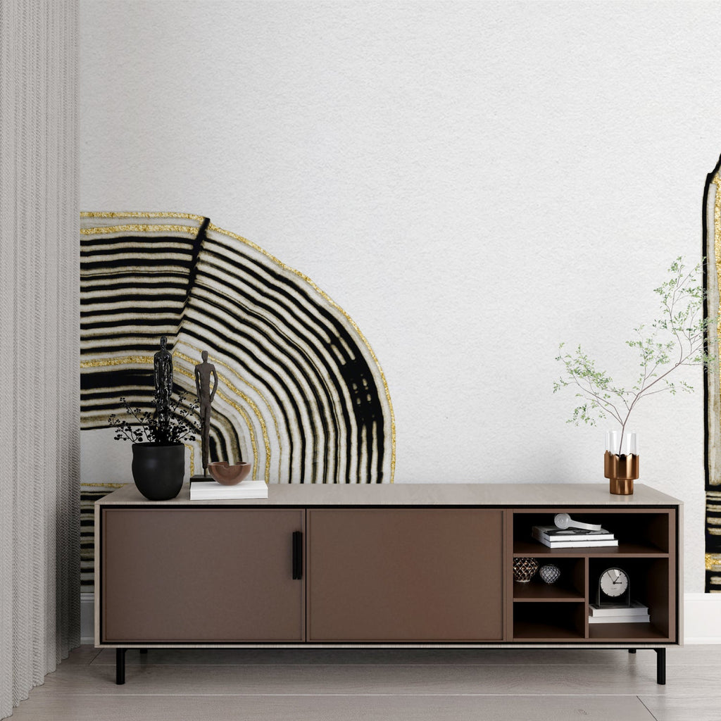 Modern black and gold curved line wallpaper in a spacious living room with contemporary furniture