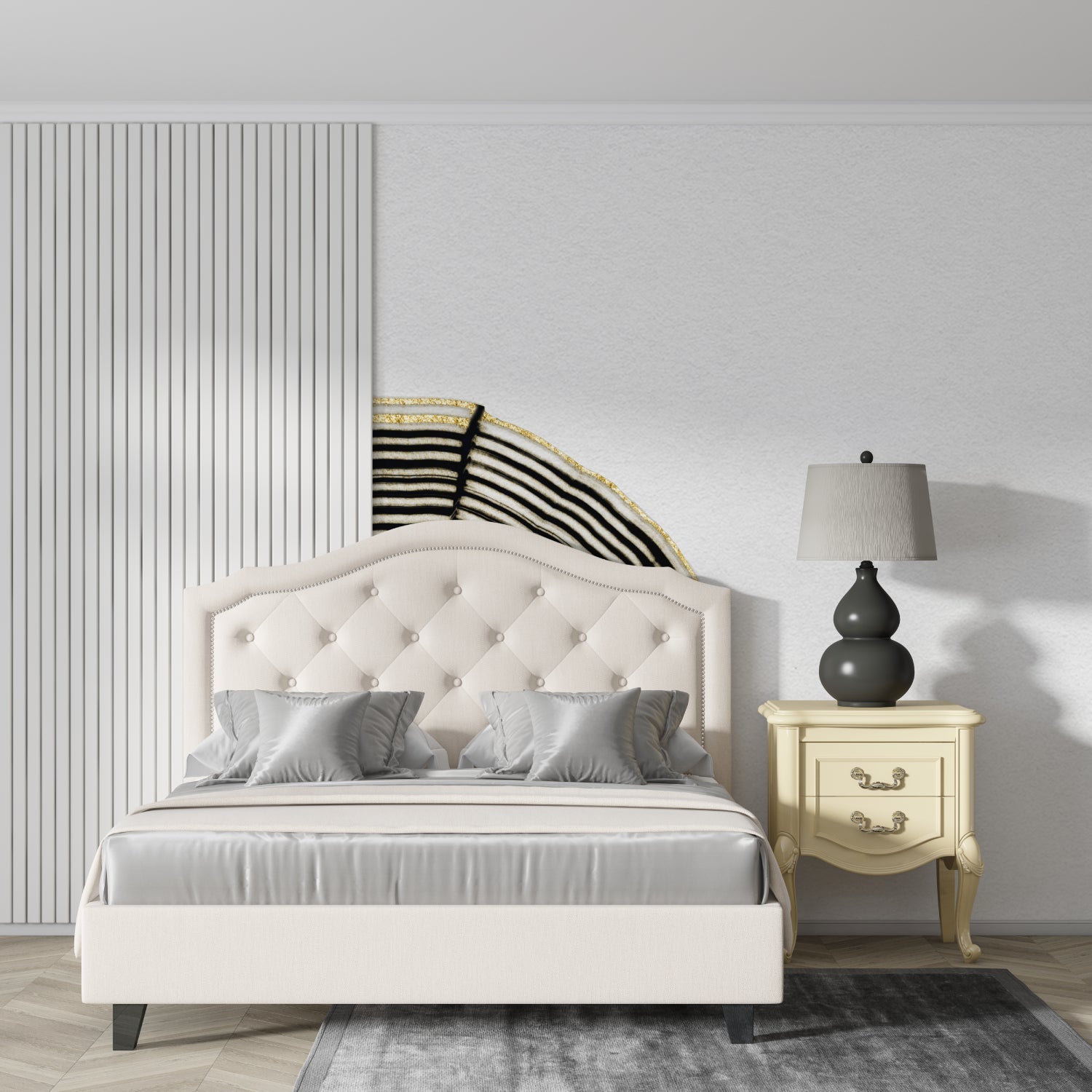 Curved line wallpaper design showcased in a modern home office setting