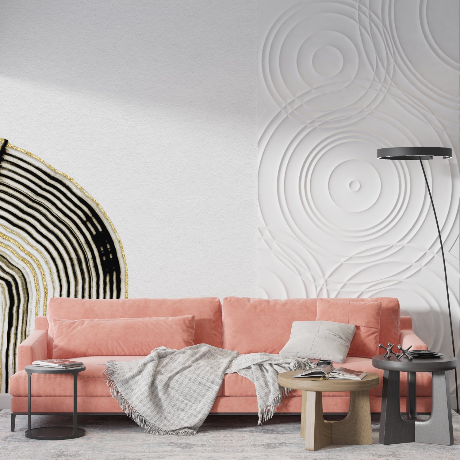Contemporary curved pattern mural featured in a stylish entrance hallway