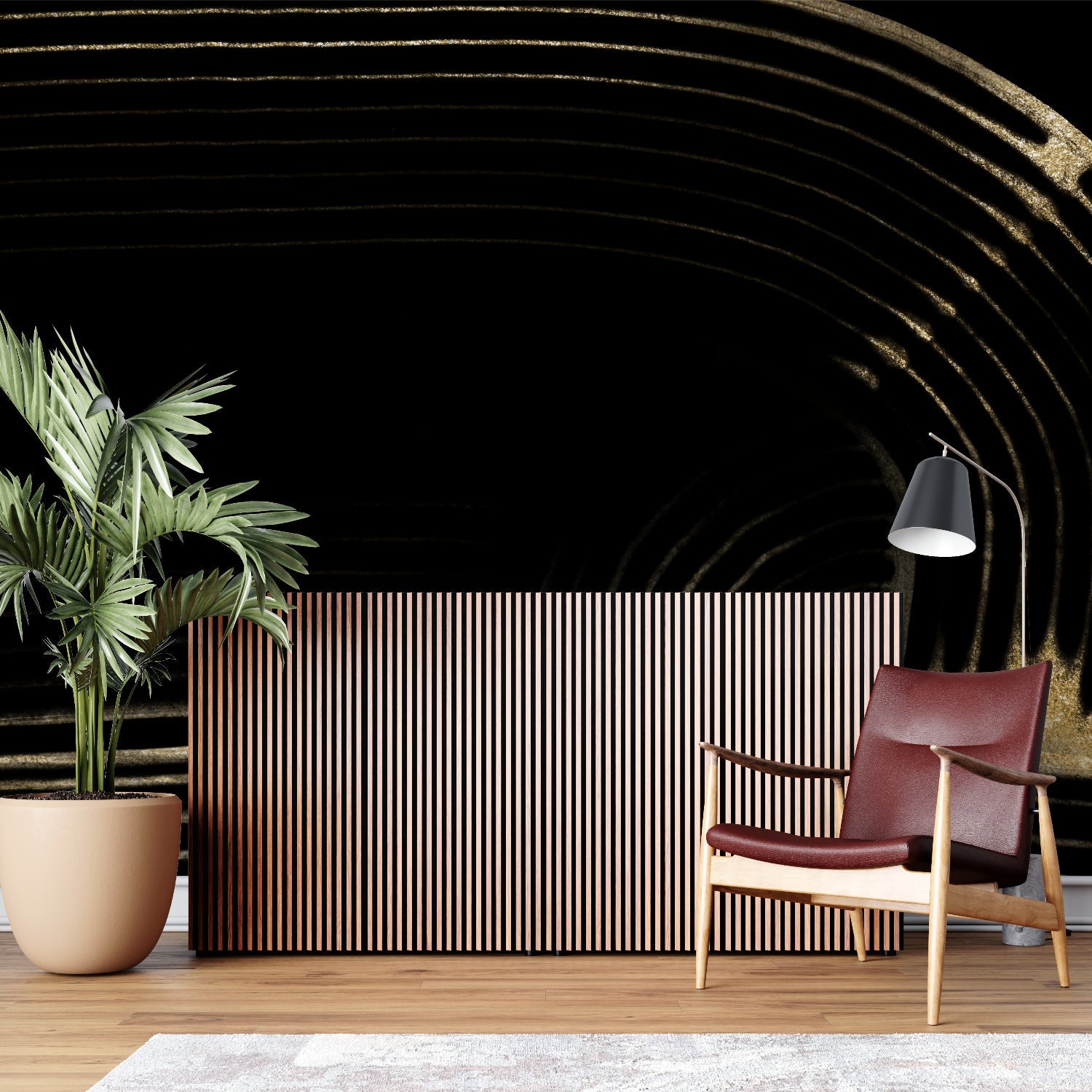 Black and gold curved line wallpaper in modern living room creates dramatic accent wall