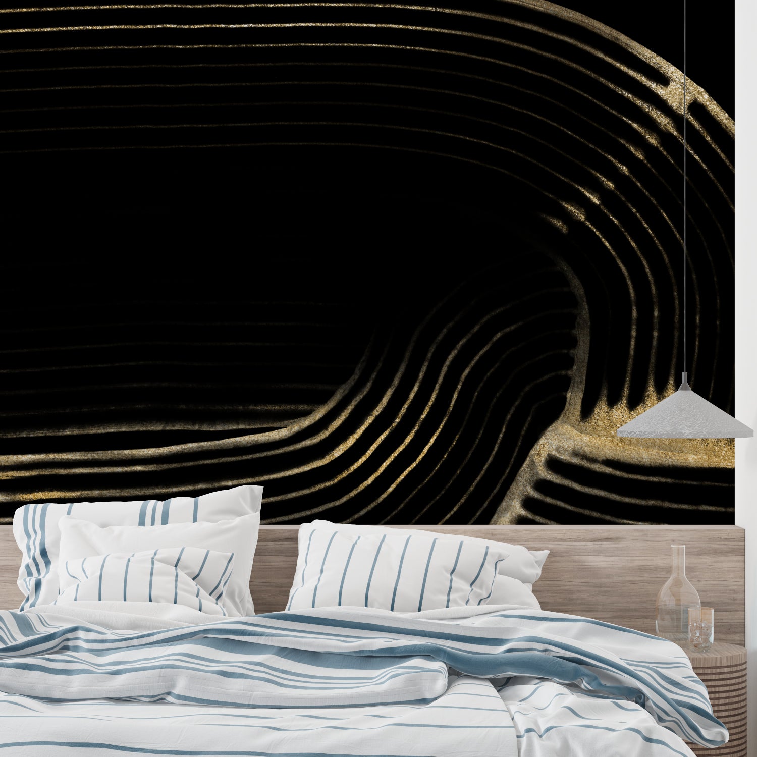 Curved line wallpaper making statement in dining room with evening lighting