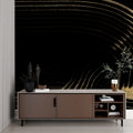 Black and gold curved lines wallpaper in modern living room with grey sofa and pendant lights