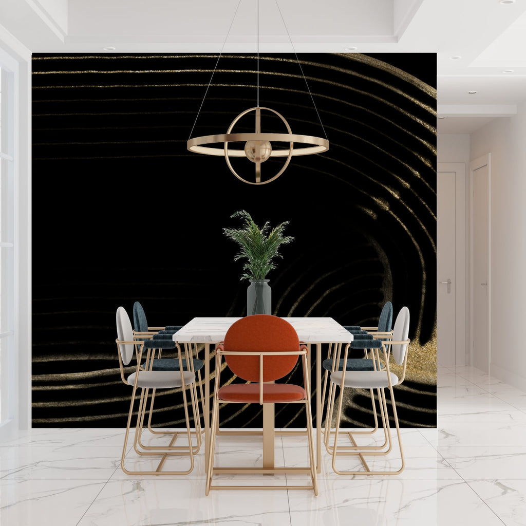 Modern curved lines wallpaper design in home office with minimal furniture