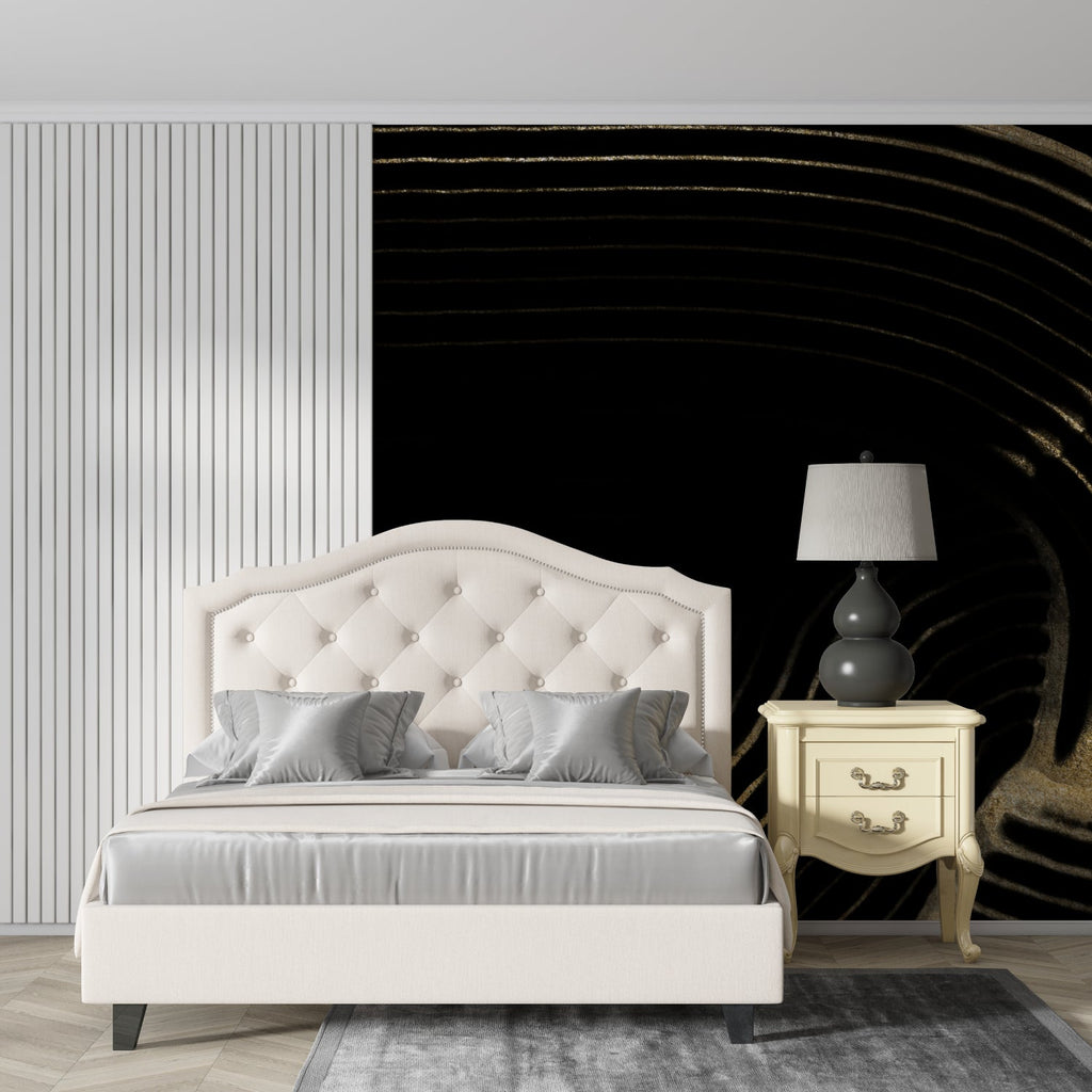 Black and gold abstract pattern making statement in hallway entrance