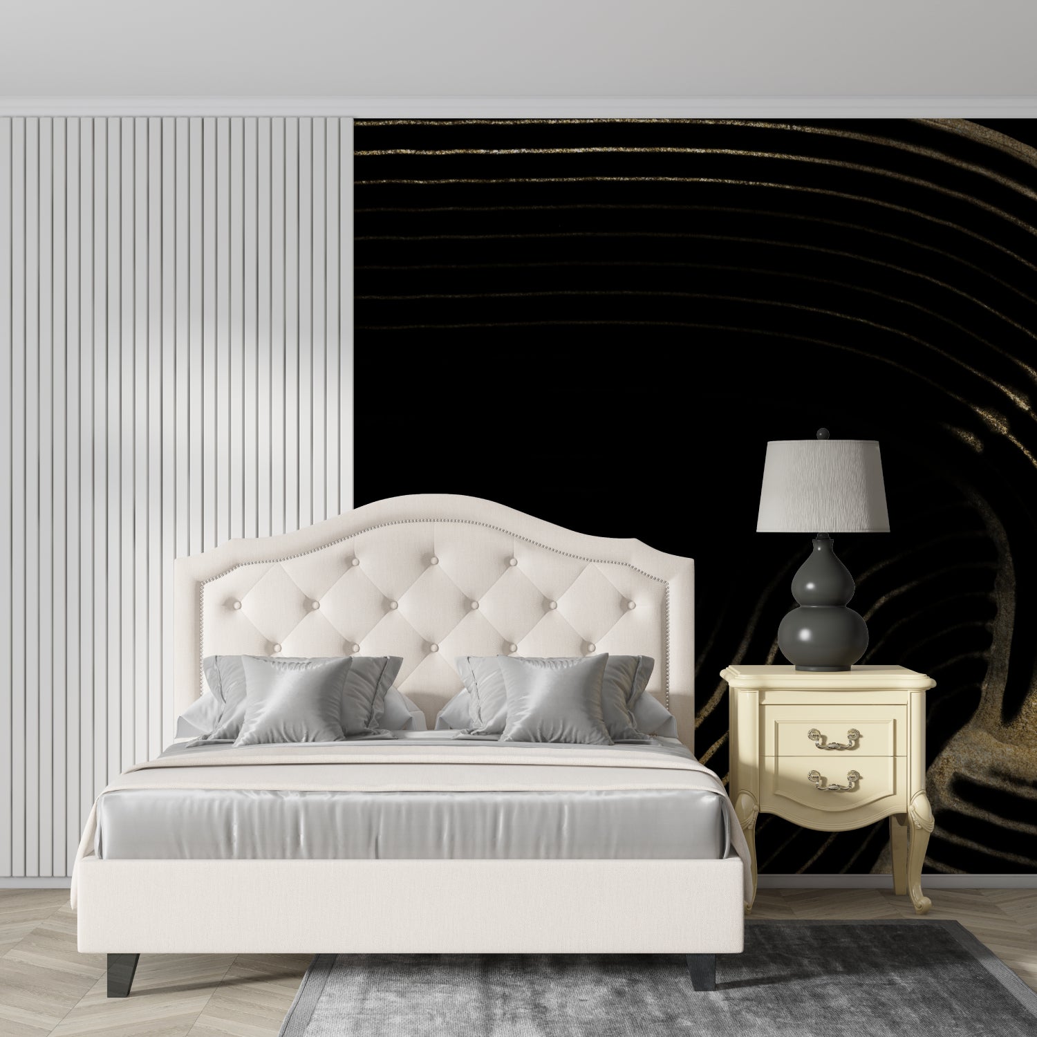 Black and gold abstract pattern making statement in hallway entrance
