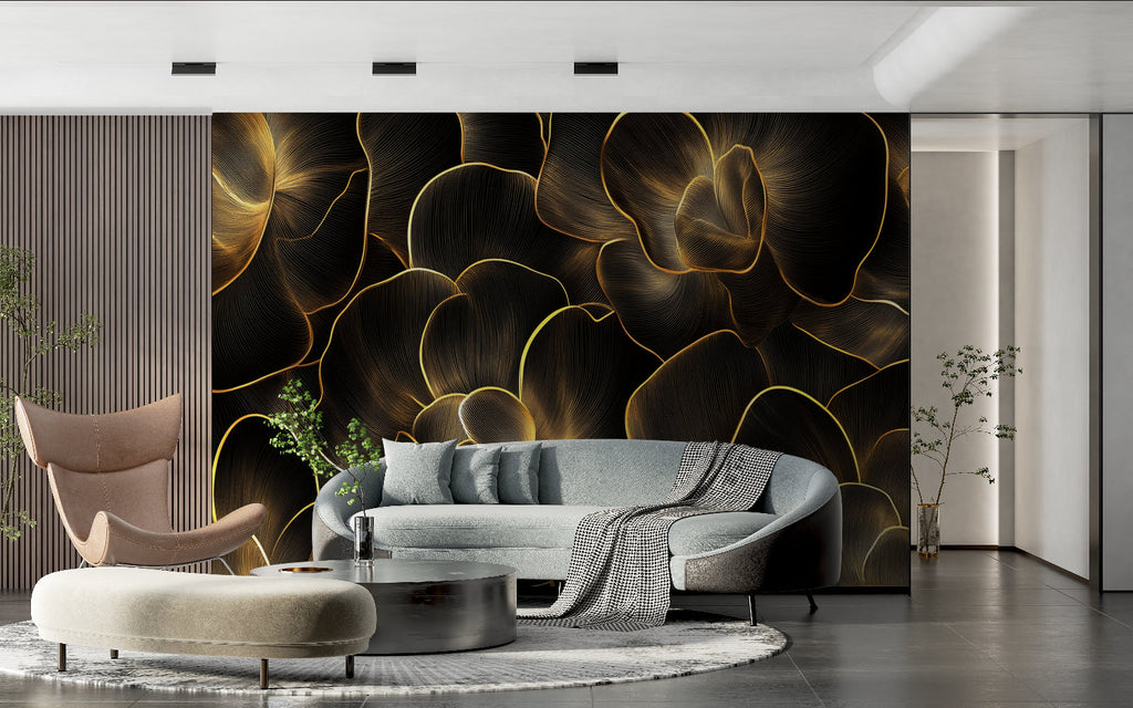 Elegant dining room featuring black and gold abstract wallpaper with crystal chandelier