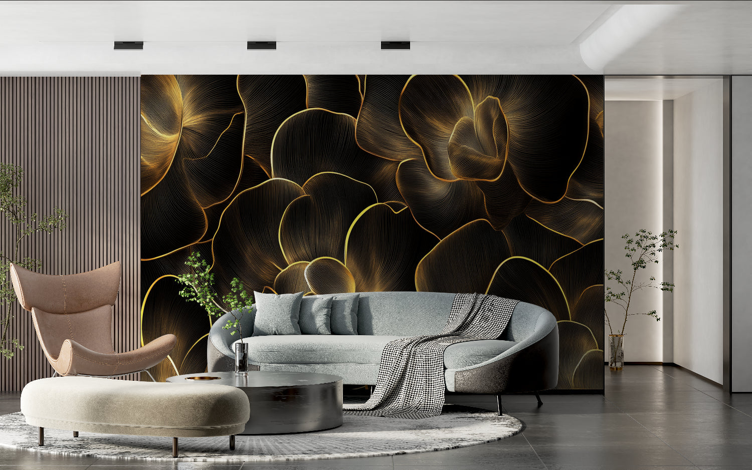 Elegant dining room featuring black and gold abstract wallpaper with crystal chandelier