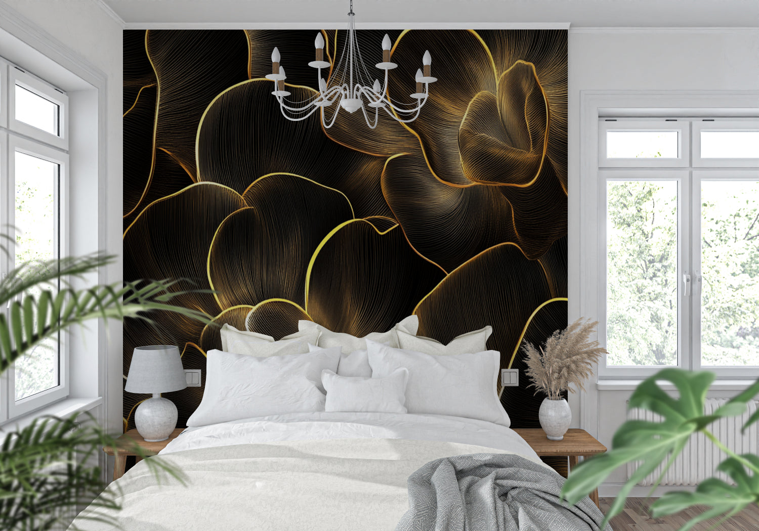 Master bedroom with abstract black and gold wallpaper making statement wall