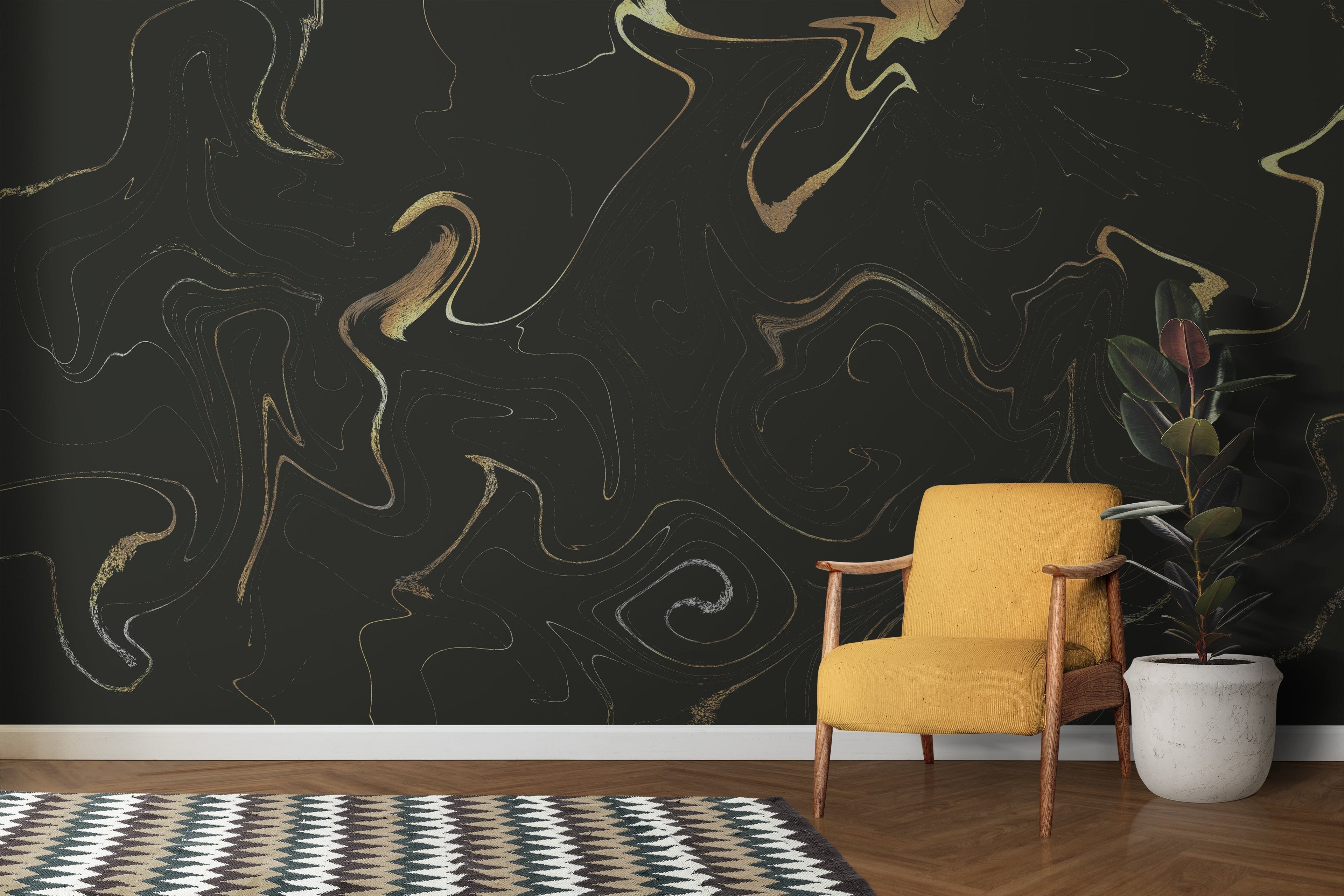 Marble effect wallpaper showcased in an elegant master bedroom with gold decor accents