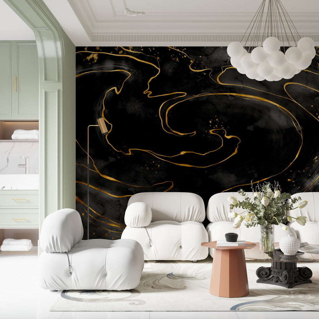 Black and gold marble wallpaper in modern living room setting with grey sofa and minimal decor