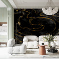 Black and gold marble wallpaper in modern living room setting with grey sofa and minimal decor