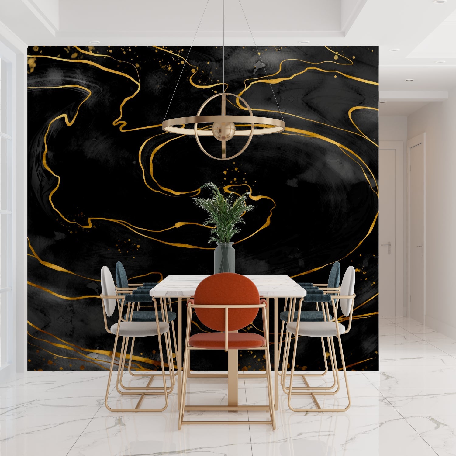 Luxury dining room featuring black and gold marble wall mural with crystal chandelier