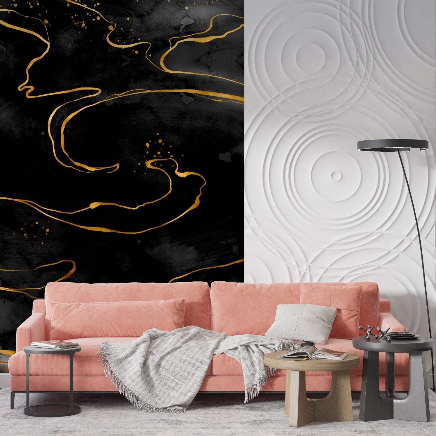 Home office space with black and gold marble mural adding sophistication