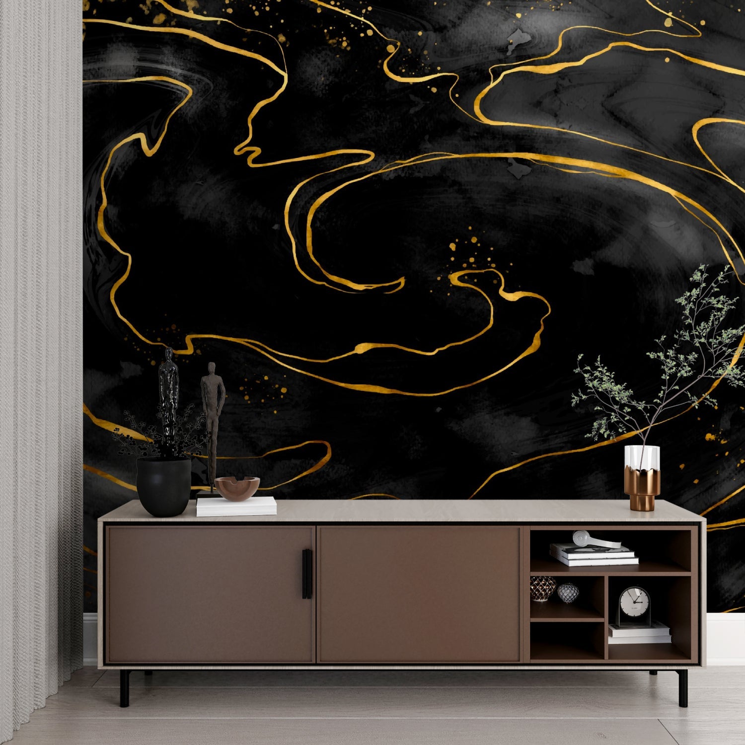 Entryway transformed with dramatic black and gold abstract wall design