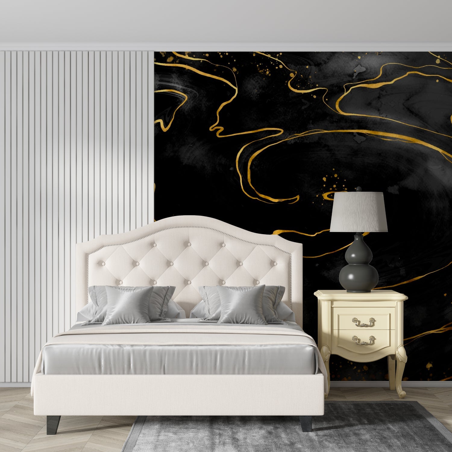 Home office space with elegant black and gold marble wallpaper