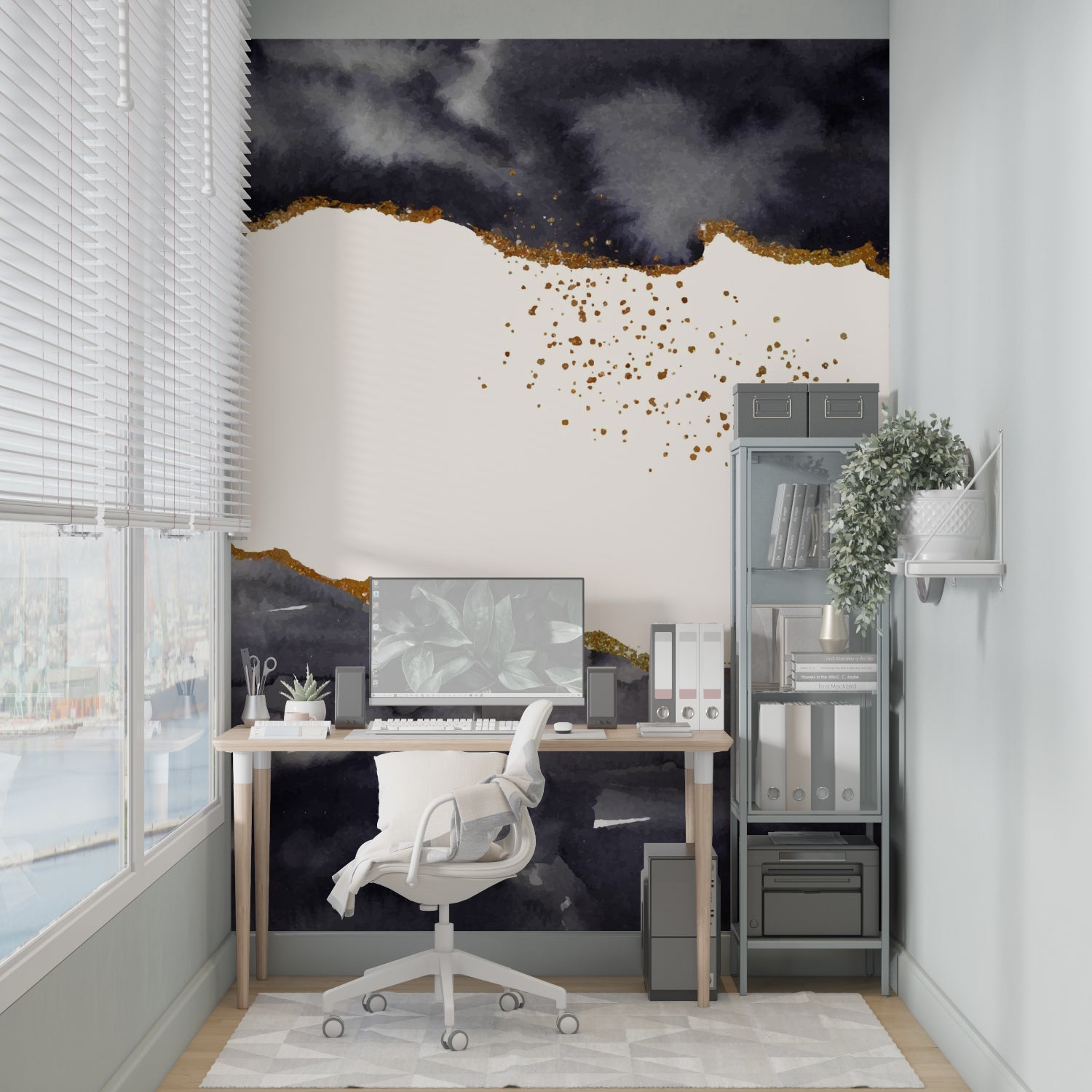 Abstract storm wall mural creating drama in master bedroom with gold accents