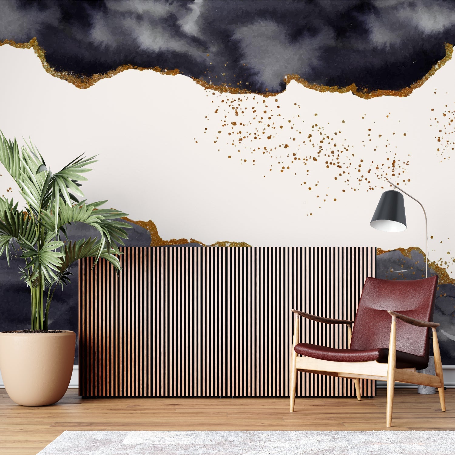 Storm pattern wallpaper making statement in dining room with pendant lights